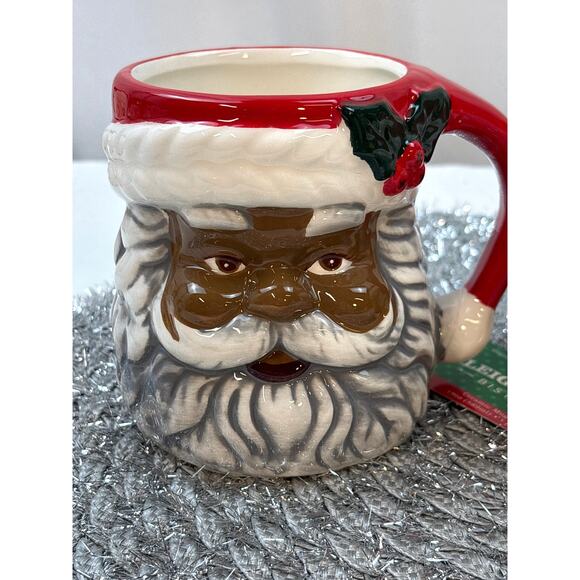 Sleigh Bell Bistro Winking African American Santa Mrs Claus Retro Style Mugs (2) - Picture 2 of 9